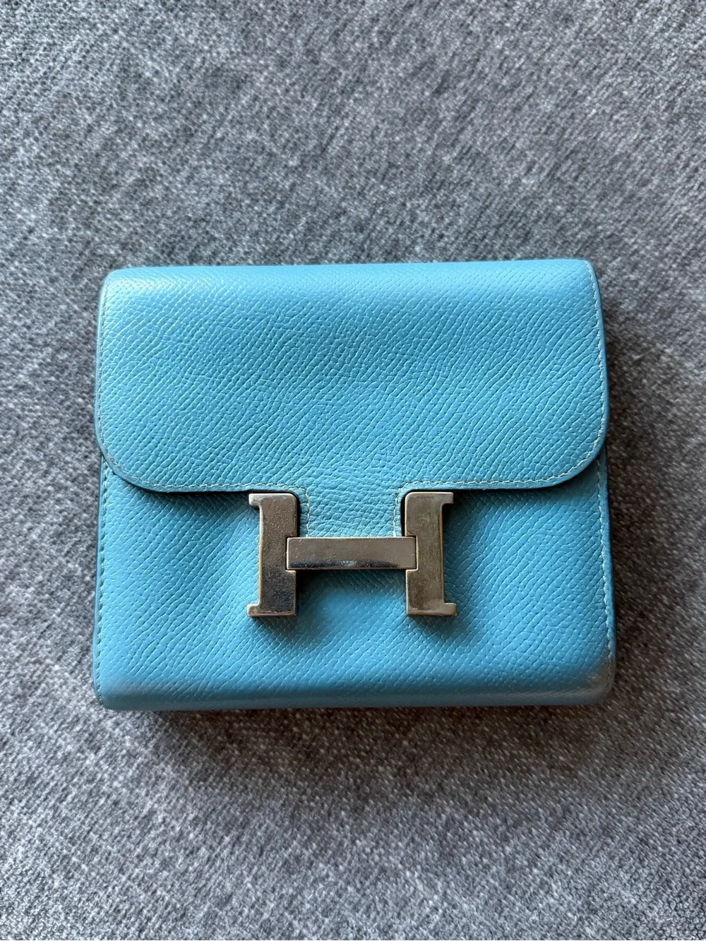 Hermes Blue Epsom Constance Compact Wallet with Palladium H Closure